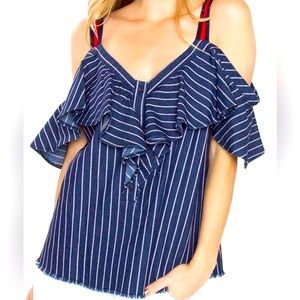Antonella Striped Denim Ruffle Top